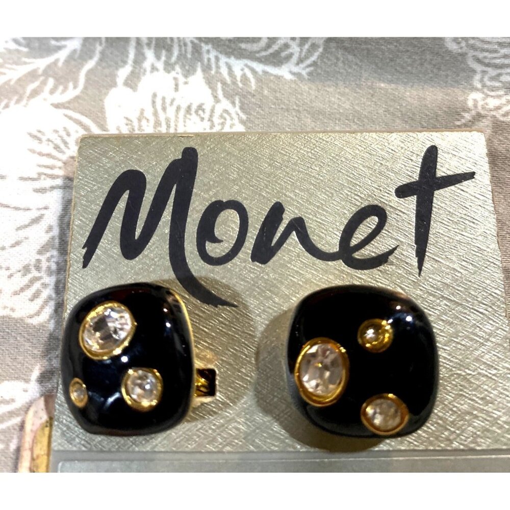 Monet Vintage Black & Gold Tone Clip-On Earrings With Clear Rhinestone Accents